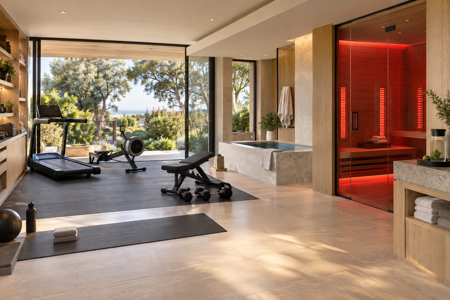 Luxury residential wellness suite with workout equipment, cold plunge, and glass-front red-light sauna
