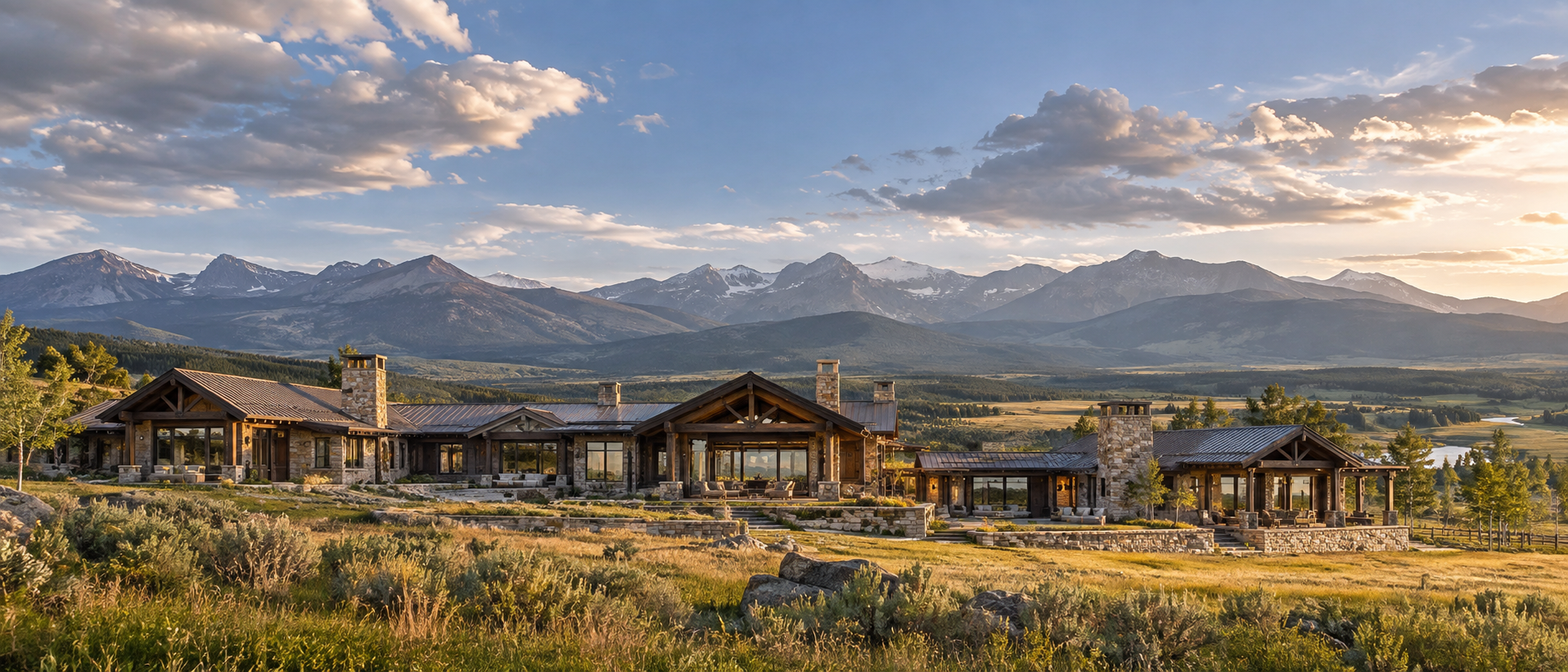Vast stone-and-timber ranch estate spanning a meadow beneath a panoramic mountain horizon