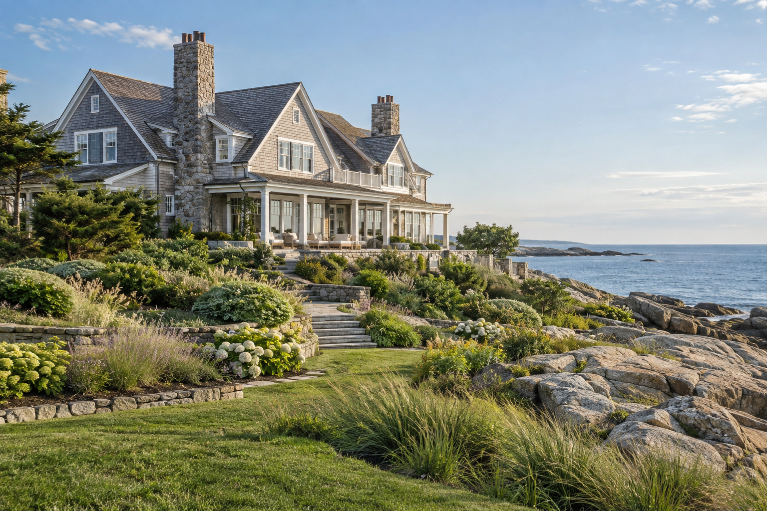 Cedar-shingle New England coastal estate overlooking a rocky shoreline
