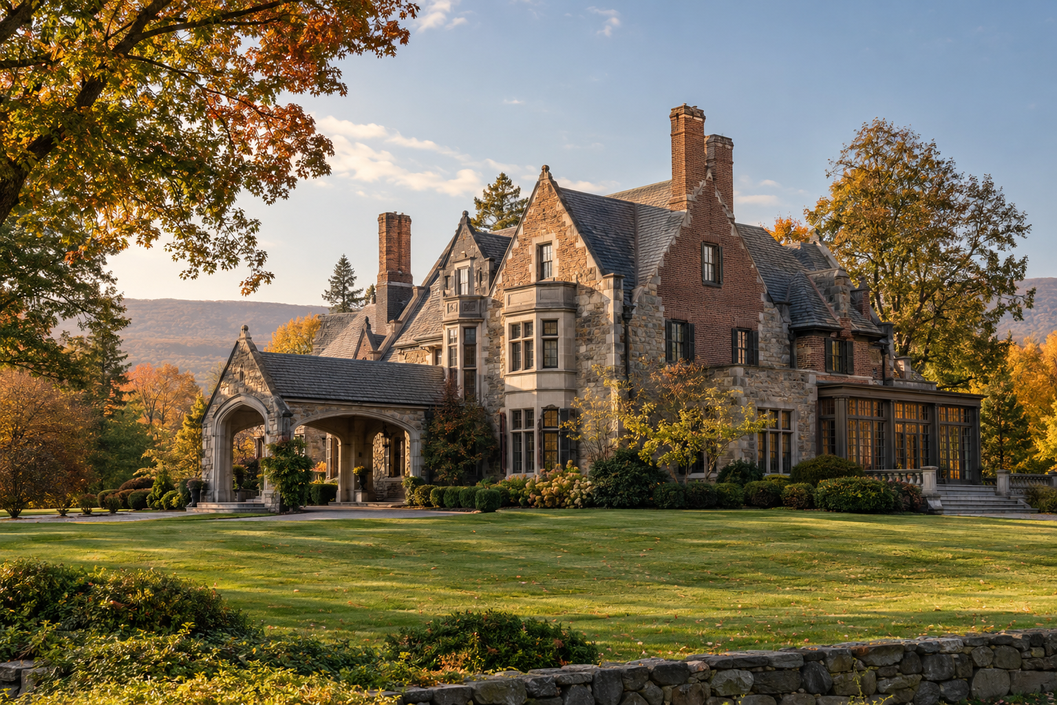 Restored late-1800s Northeastern stone and brick manor in an autumn landscape