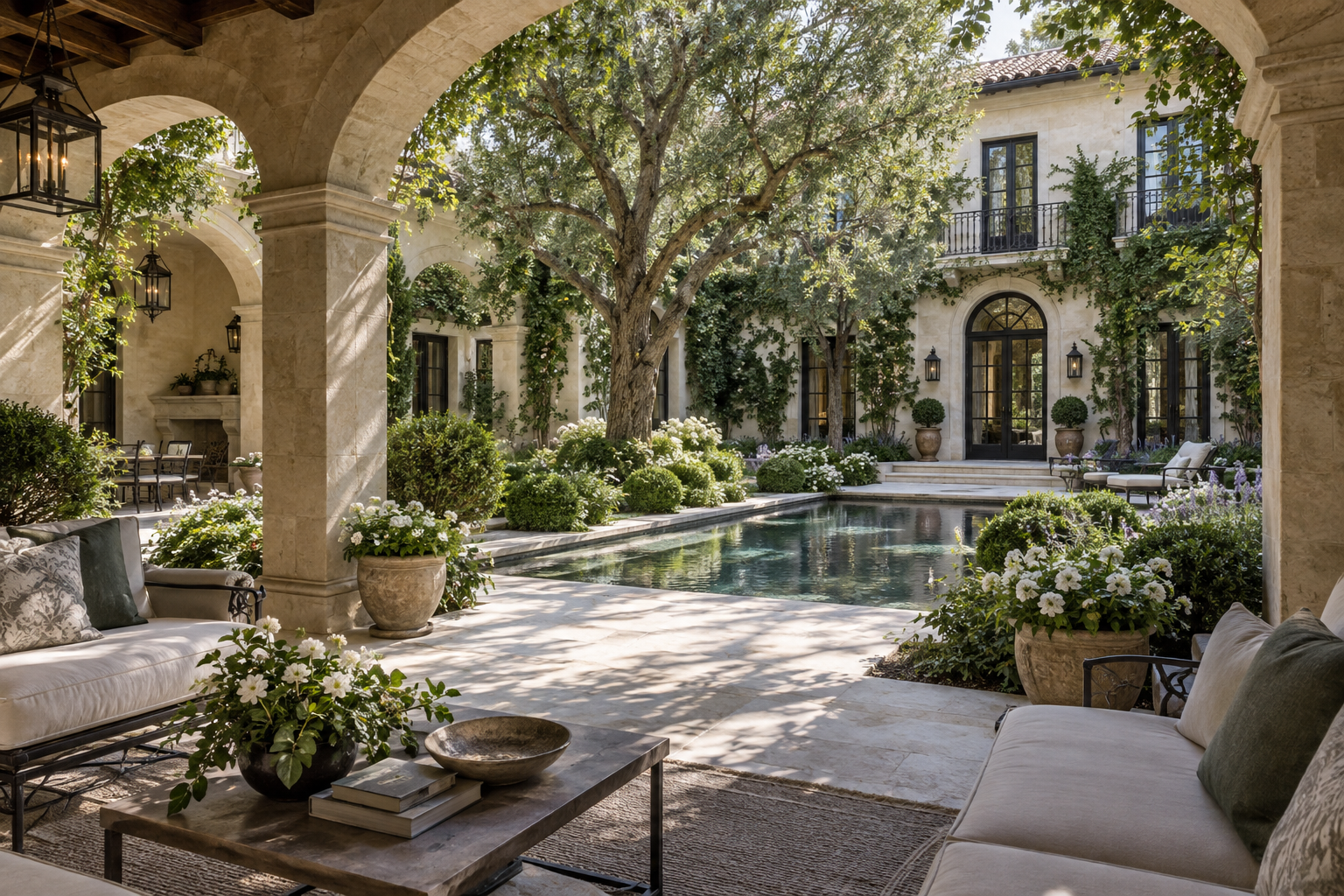 Enclosed luxury garden courtyard with mature trees, layered planting, arched loggias, and a reflecting pool