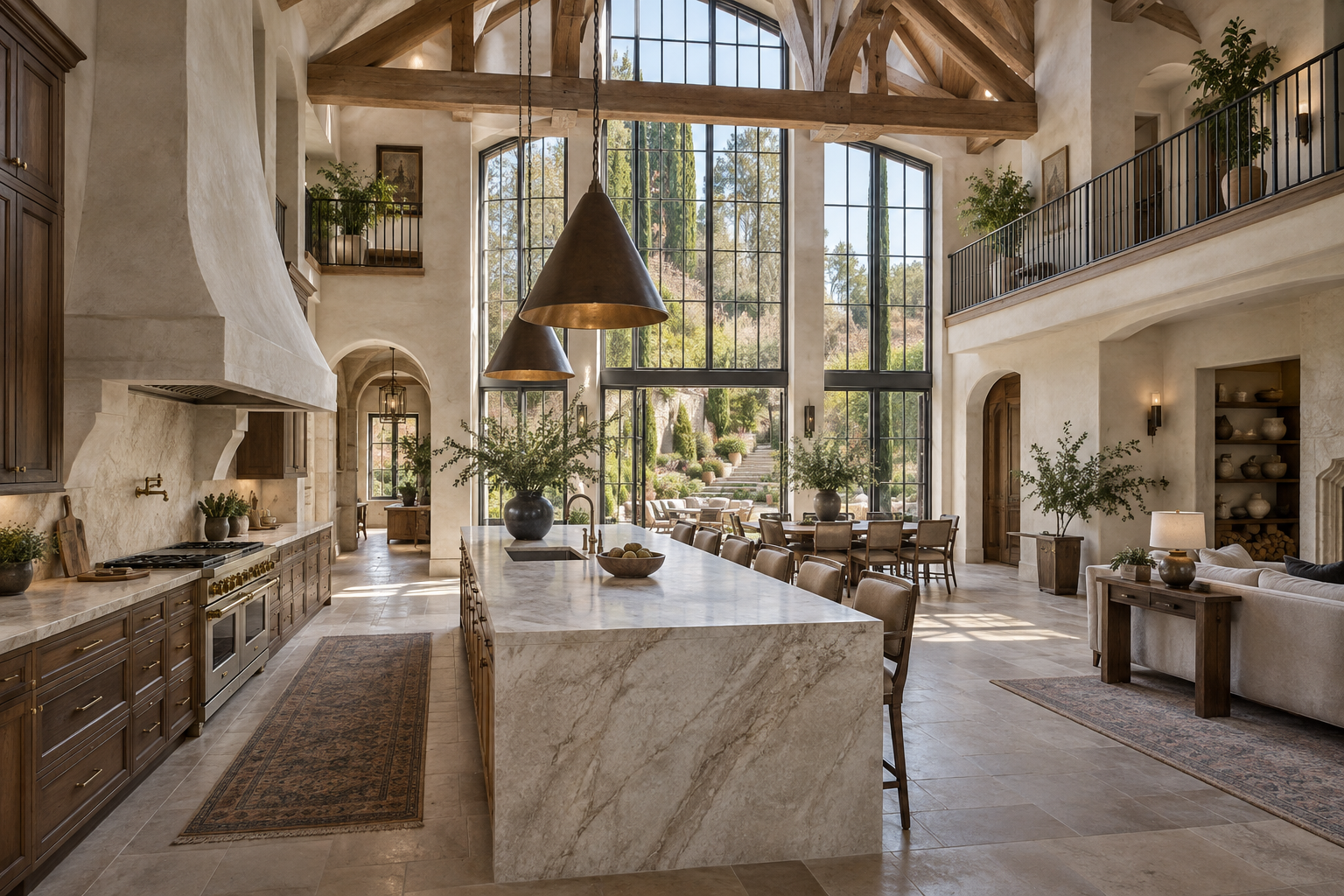 Massive luxury kitchen with a vaulted two-story ceiling, timber structure, and stone island